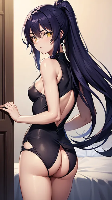 yoruichishihouin, yoruichi shihouin, long hair, (yellow eyes:1.5), ponytail, purple hair, dark skin, dark-skinned female,
BREAK bodysuit, black bodysuit, bare arms, bare shoulders, sideboob,
BREAK outdoors,
BREAK looking at viewer, (cowboy shot:1.5),
BREAK...