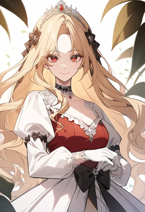 fantasy style, masterpiece, newest, floral background, romance manhwa, 1girl, blonde hair, solo, long hair, flower, dress, tiara, white dress, gloves, long sleeves, choker, red eyes, white gloves, black bow, black flower, wavy hair, bow, jewelry, looking a...