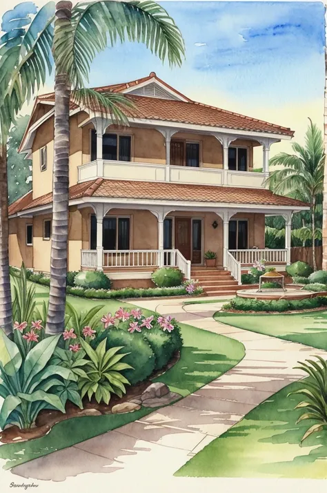 watercolor drawing of a house and yard with 2 banana tree in long distance