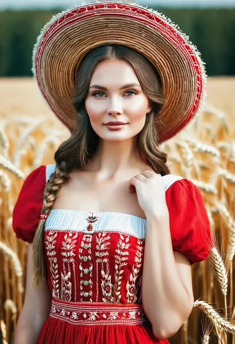 arafed woman in a red and white dress and a hat in a wheat field, traditional russia, russian girl, slavic style, slavic features, traditional beauty, russian style, russian clothes, slavic, beautiful nordic woman, russian costume, beautiful portrait image...