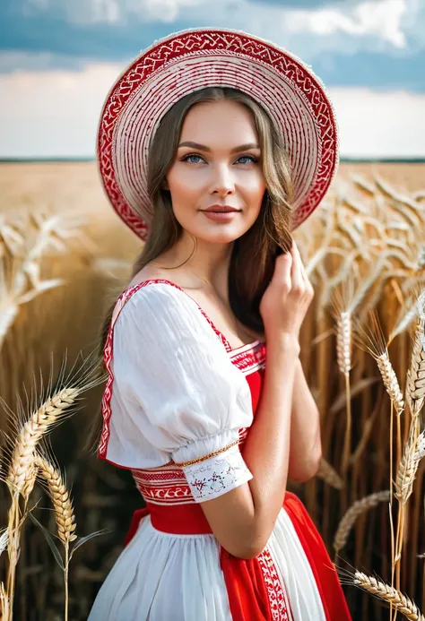 arafed woman in a red and white dress and a hat in a wheat field, traditional russia, russian girl, slavic style, slavic features, traditional beauty, russian style, russian clothes, slavic, beautiful nordic woman, russian costume, beautiful portrait image...