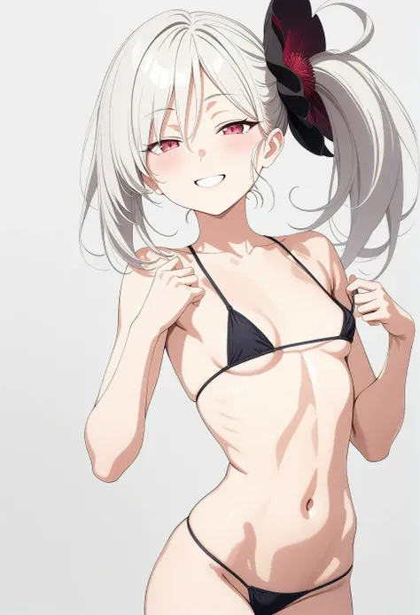 best quality, amazing quality, very aesthetic, absurdres, (1girl, mutsuki, blue archive, solo, red eyes, white hair, side ponytail), (artist official art:1.5), (realistic face), (grin, lowleg bikini, ), (cowboy shot), , (half closed eyes:1.2), (thigh), exp...