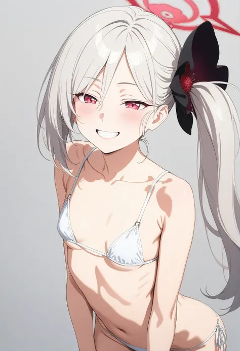 best quality, amazing quality, very aesthetic, absurdres, (1girl, mutsuki, blue archive, solo, red eyes, white hair, side ponytail), (artist official art:1.5), (realistic face), (grin, lowleg bikini, ), (cowboy shot), , (half closed eyes:1.2), (thigh), exp...