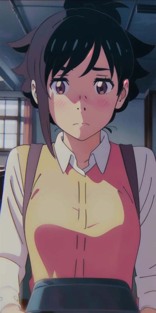 teenager in  in an empty, dimly lit classroom, very blushing with excessively large breasts, anime style