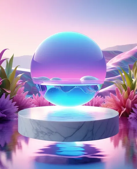 ultra-realistic digital art of a water scene, a circular marble podium standing in water, surrounded by colorful plants, with white rolling hills and a huge round illuminant in the background.holographic Purple and pink, C4D rendering, candy core