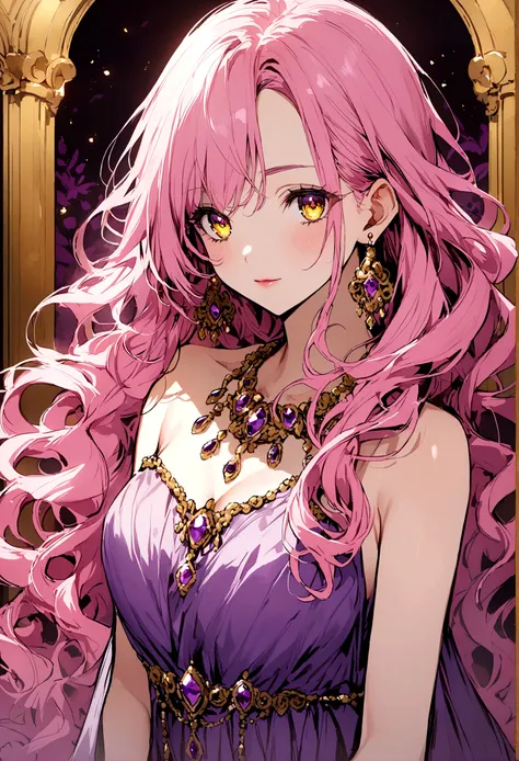 Pink Hair,Golden jewel eye,Loosely curled, wavy long hair,A voluminous and sophisticated dress,Earrings,Purple gemstone necklace,