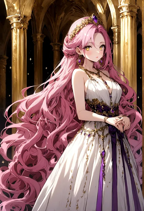 Pink Hair,Golden jewel eye,Loosely curled, wavy long hair,A voluminous and sophisticated dress,Earrings,Purple gemstone necklace,