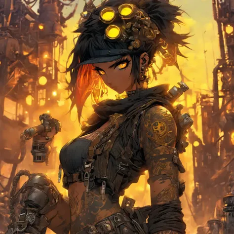 The most beautiful and sexy post apocalyptic steampunk girl, black hair, yellow eyes, wearing highly detailed steampunk tactical gear, tons of tattoos and piercings, metal fragments blowing in the wind, post apocalyptic wasteland, highly detailed backgroun...