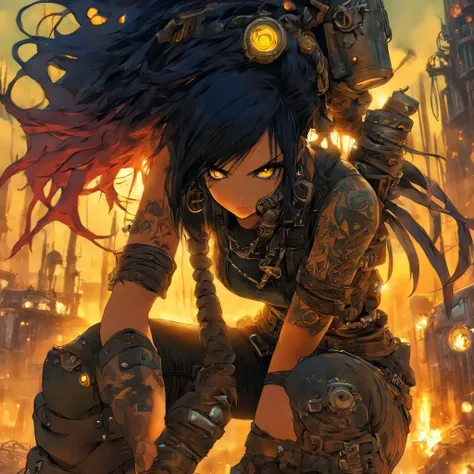 The most beautiful and sexy post apocalyptic steampunk girl, black hair, yellow eyes, wearing highly detailed steampunk tactical gear, tons of tattoos and piercings, metal fragments blowing in the wind, post apocalyptic wasteland, highly detailed backgroun...