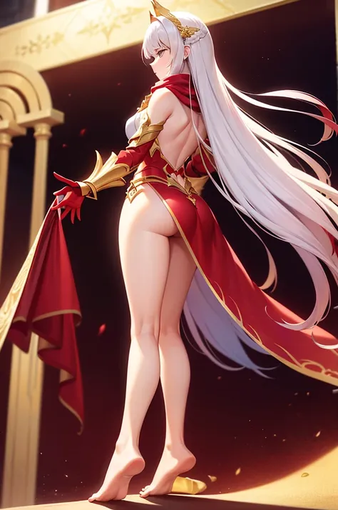 extremly detaled, dynamic back pose, bare feet, detaled feet, ,goddess, gold detaled armor with red finish, long white hair, red cape and scarf, gold hair clip, gold heavy body cover armor with red finish, show big ass and pussy, orginal hairstyle with bra...