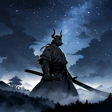 Drawing of a zombie samurai, holding a katana, with a starry night sky and fog, that envelops the landscape, mask with horns