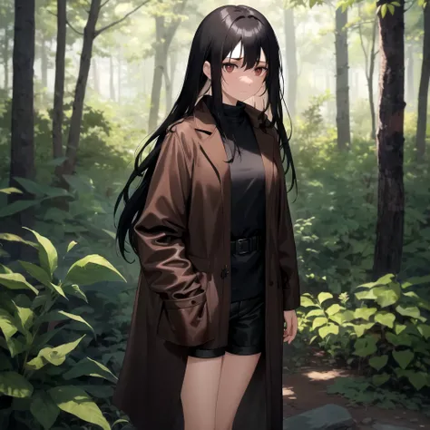 A wonam with a long black hair and she wearing a brown coat outside and and she wearing a with shirt and black shorts..He look scared a bit.She standing in the middle of the forest.