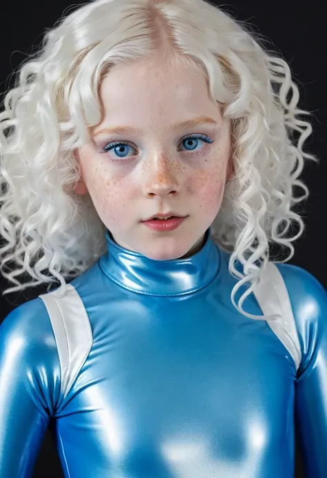 an eight-year-old albino girl, white hair, short and curly, with freckles and blue eyes in a tight blue latex suit