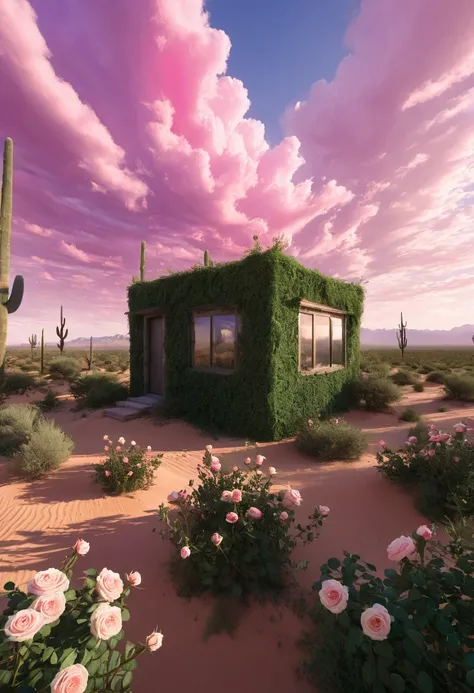 Summer, desert, ((no house)), pink clouds, a land overgrown with roses, James Gurney, art station rendering, ultra-wide lens, high definition