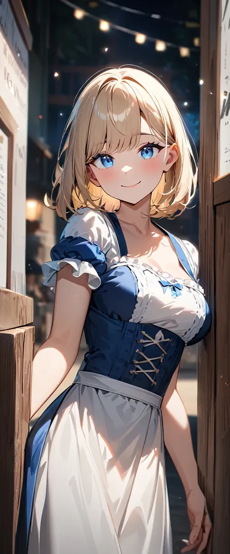 (((One girl))), ((beach)), noon, blond hair, bob cut, breasts, from front, (cowboy shot), standard body, (looking at viewer), ((black and white dirndl)), Germany, teenager, head tilt:1.3, (((blue eye))), ((happy smile)), anime style, (best quality, 4k, 8k,...