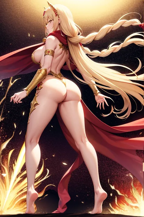 extremly detaled, dynamic back pose, bare feet, detaled feet, ,goddess, gold detaled armor with red finish, long white hair, red cape and scarf, gold hair clip, gold heavy body cover armor with red finish, show big ass and pussy, orginal hairstyle with bra...