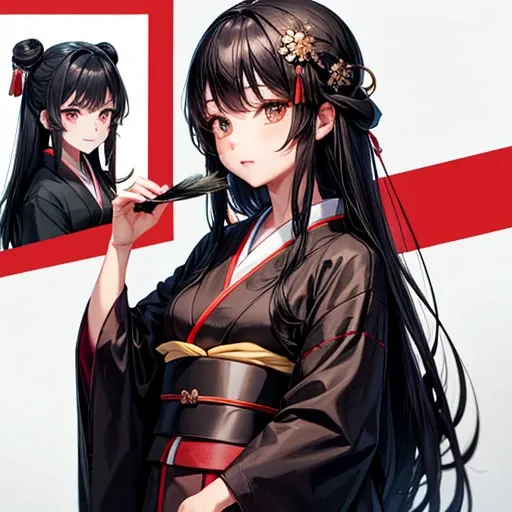 A woman with long black hair wearing a kimono is holding sushi