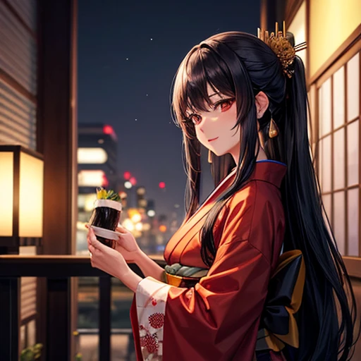 A woman with long black hair wearing a kimono is holding sushi