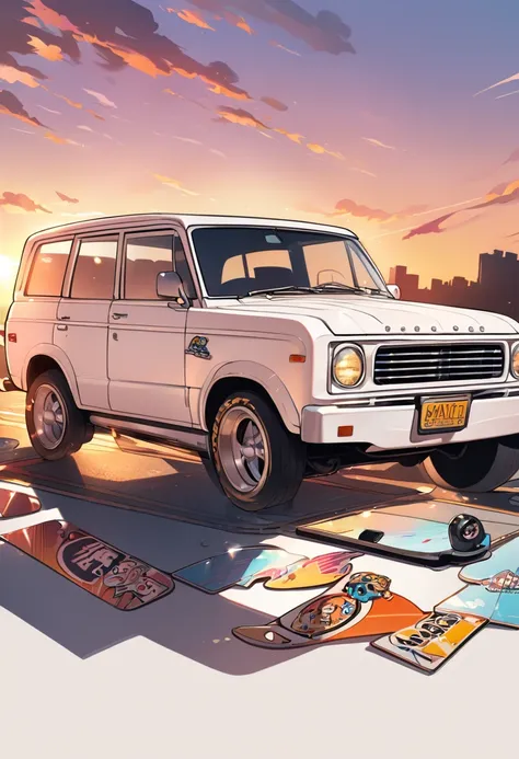 A white vintage suv in the sunset, skate stickers