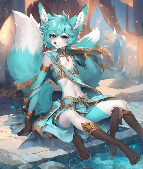 one fox twink, fox furry, cyan furry, skin white, tips of ears, hands and feet dark cyan, wearing fantasy world clothes