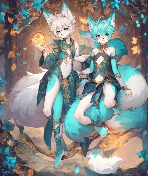 one fox twink, fox furry, cyan furry, skin white, tips of ears, hands and feet dark cyan, wearing fantasy world clothes