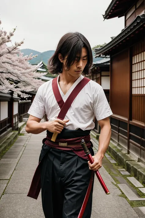 photography of a in cherry season a man holding katana in japan