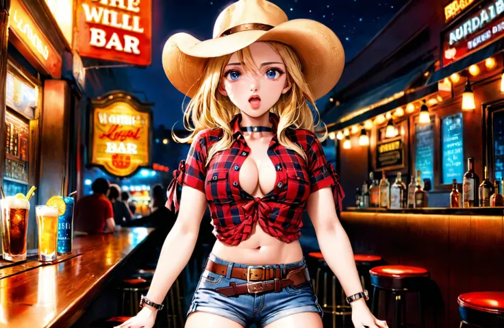 ((((One Woman:2.0)))),(((Cowgirl Costume))),(((thin))),(((Small breasts))),(((Low waist denim shorts))),(((Wear a western hat))),(((wear a leather belt))),(((He is wearing a red short-sleeved plaid tie-front shirt。))),(((wear the watch))),(((Showing cleava...