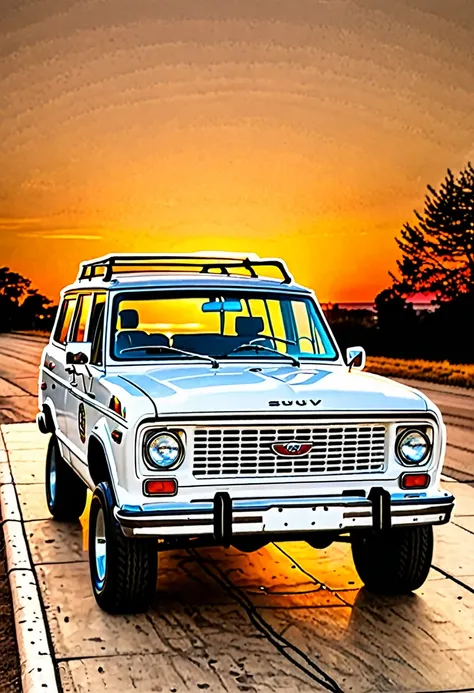 A white vintage suv in the sunset, skate stickers