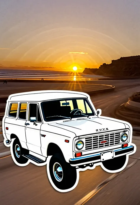 A white vintage suv in the sunset, skate stickers