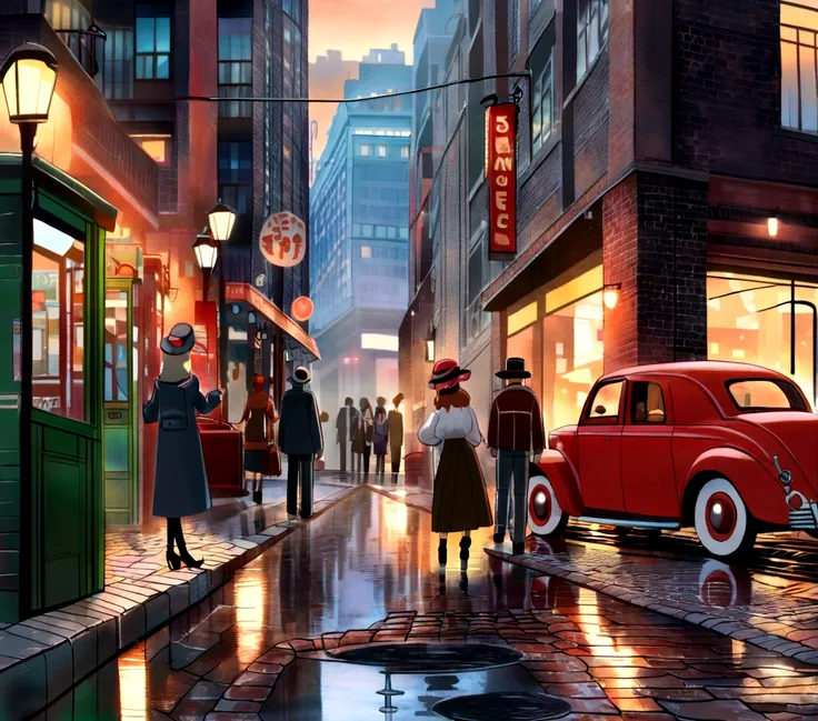 Old Cars, Busy pedestrians, Lively atmosphere, Tall buildings,A wall，front建筑， reflection in puddle, City skyline, Urban decay, Graffiti, Cobblestone Street, Retro店面, Smoggy streets, Rainy Day, Neon, Motion Blur, Street vendors, Metro entrance, Steam coming...