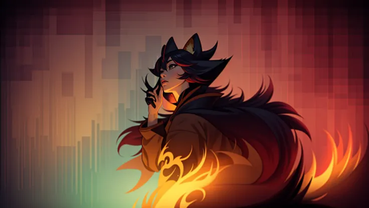 1girl,solo,, official art, unity 8k wallpaper, ultra detailed, beautiful and aesthetic, beautiful, masterpiece, best quality,, Kitsune witch, fox mask, haori jacket, foxfire spell, fox familiar, transformation,