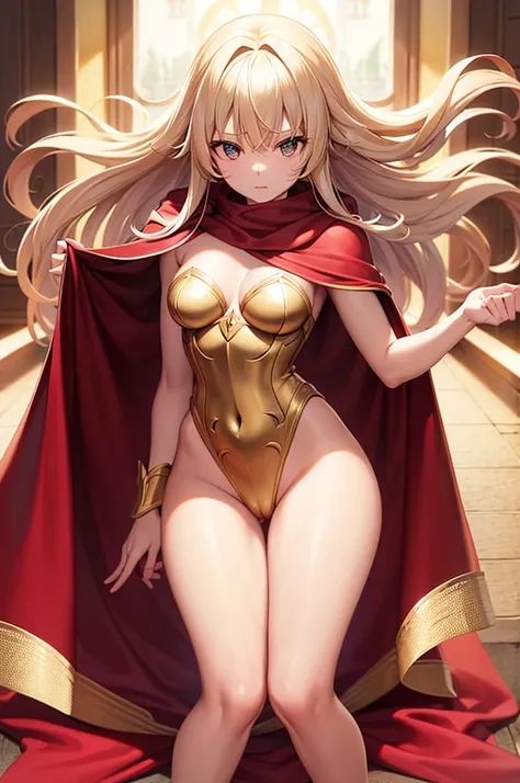 extremly detaled, dynamic kneel back pose, bare feet, detaled feet, ,goddess, gold detaled armor with red finish, long white hair, red cape and scarf, gold hair clip, gold heavy body cover armor with red finish, show big ass and pussy, orginal hairstyle wi...