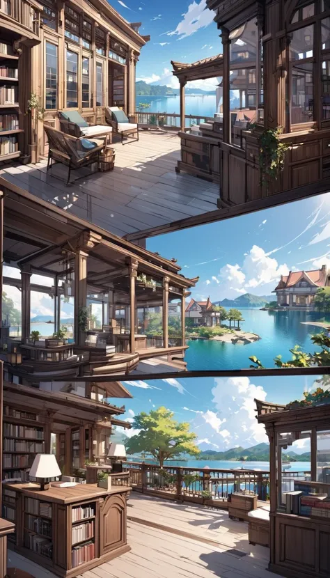 large bookstore with many details, large open terrace with views of a beautiful lake with dream houses, on the terrace a sexy girl relaxes 