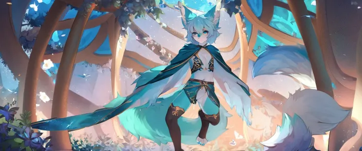 one fox twink, fox furry, cyan furry, skin white, tips of ears, hands and feet dark cyan, wearing fantasy world clothes