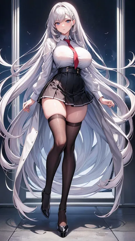 (masterpiece, top quality, best quality, official art, beautiful and aesthetic:1.0), (8k, best quality, masterpiece:1.2), very long hair,(full body:1.3), (large breasts:1.4), very long hair, high heels, black thighhighs, micro skirt, silver hair, tall girl...