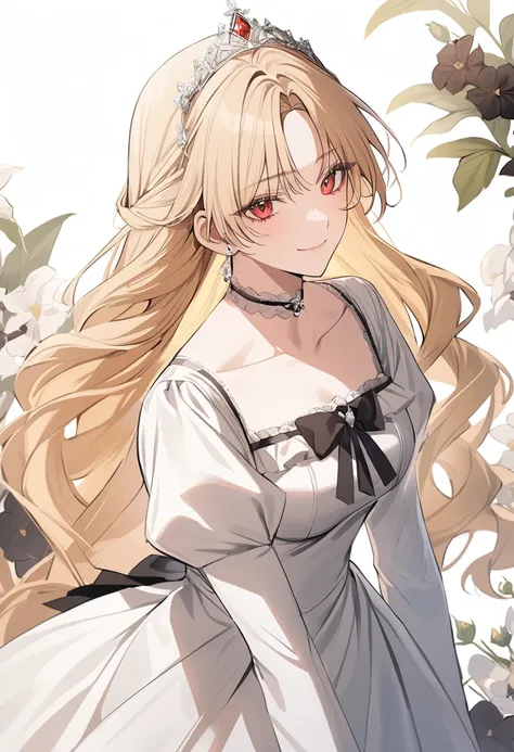 sexy-style, masterpiece, newest, floral background, romance manhwa, 1girl, blonde hair, solo, long hair, flower, dress, tiara, white dress, gloves, long sleeves, choker, red eyes, white gloves, black bow, black flower, wavy hair, bow, jewelry, looking at v...