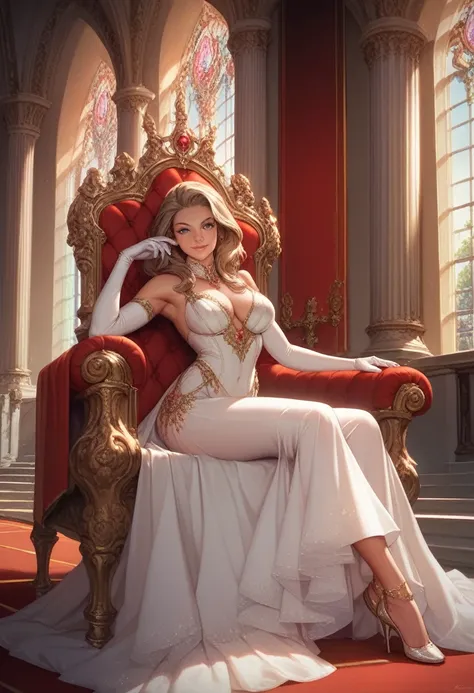 A magnificent Queen sitting on the throne, European, detailed face, intricate dress, ornate throne, luxurious interior, dramatic lighting, cinematic angle, photorealistic, 8k, high resolution, hyper detailed, masterpiece,refiner: woman face