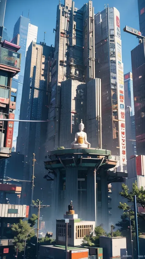 buddha, meditation in the middle of a big city, cyberpunk city, cyberpunk meditation