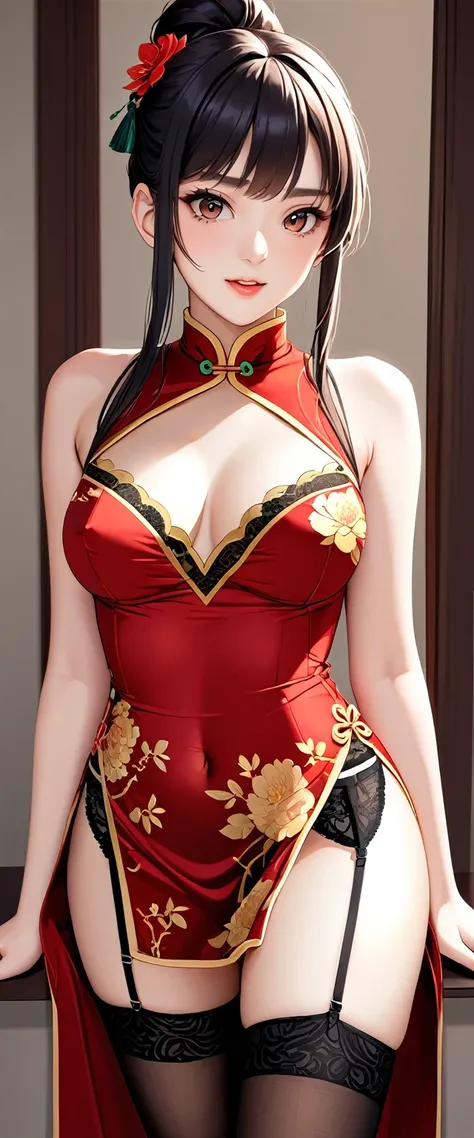 High resolution, adult woman , good lighting, despicable, , (nudity), (((China dress))), (()), ((())), (garter belt), abdomen only, (),  ,  cute face, I&#39;m embarrassed and blush, humiliating, ((turn around and look back)), ((See-through))()(T-back)(a la...