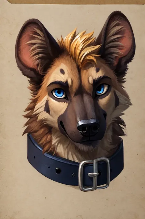 handsome, hyena, scruffy fringe, navy blue collar, blue eyes, good eyes,