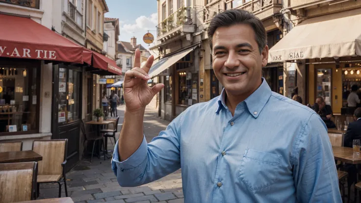 Joyful businessman, smiling, waving, street cafe, detailed face, realistic, photorealistic, HDR, 8k, high quality, bright colours, warm lighting, beautiful landscape, intricate details, cinematic composition