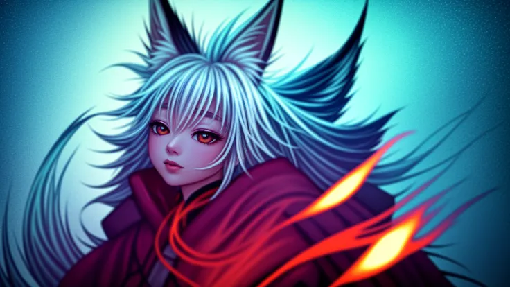 1girl,solo,, official art, unity 8k wallpaper, ultra detailed, beautiful and aesthetic, beautiful, masterpiece, best quality,, Kitsune witch, fox mask, haori jacket, foxfire spell, fox familiar, transformation,