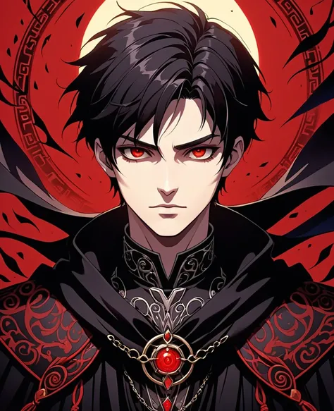 An amazing anime male character exudes a halo of mystery and dark temptation, with a red background. His eyes were shrouded in the shadow. Focus on the face, mysterious black cloak with complex patterns, dark fantasy style, dark Gothic aesthetics, anime-in...