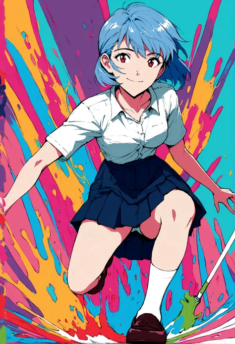 A masterpiece portrait of smiling Rei Ayanami (Evangelion), Evangelion (Hideaki), Caustics, High resolution illustrations, Red eyes, feminine, No students, Blue Hair,  short hair, Japanese , loafers, Spank, Synthwave, paint Splashs, Shaded flat illustratio...