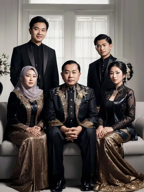 arafed family posing for a picture in formal attire, an indonesian family portrait, barong family, family portrait, full protrait, by Basuki Abdullah, barong family member, happy family, inspired by Basuki Abdullah, potrait, formal attire, portrait shot, p...