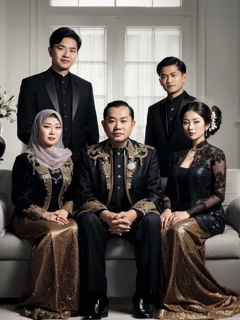 arafed family posing for a picture in formal attire, an indonesian family portrait, barong family, family portrait, full protrait, by Basuki Abdullah, barong family member, happy family, inspired by Basuki Abdullah, potrait, formal attire, portrait shot, p...