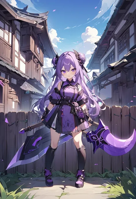 House long fence。Purple Eyes。Purple Hair。Purple big axe。