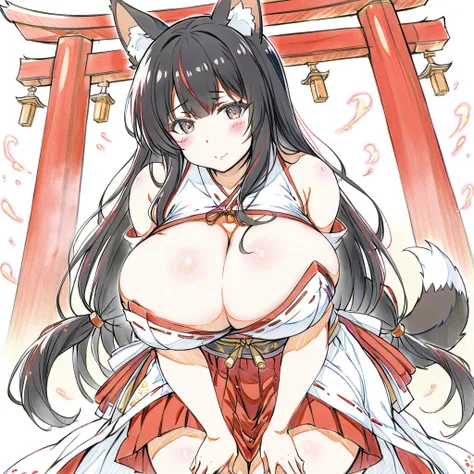 1woman,solo,milf,mature female,medium long hair,black hair,asymmetrical bangs,black eyes,plump,large breasts,fox_ears,nine_fox_tails,japanese_shrine_maiden_outfit,bare_shoulders,cleavage,red_hakama,