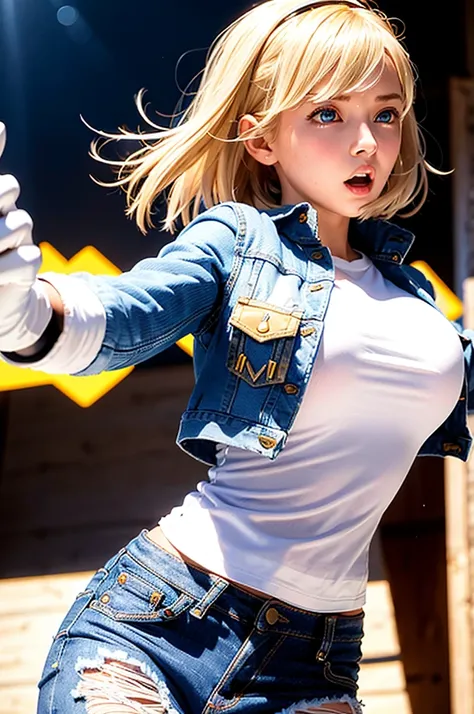 (((1 girl,  cute, denim jacket, white top, jeans, Gloves, blond, short hair, bob hair,  side parted hair, blue eyes))), (((blond hair))), 
dynamic poses, manga style, depicting a group of characters in various action scenes, from intense battles to lighthe...