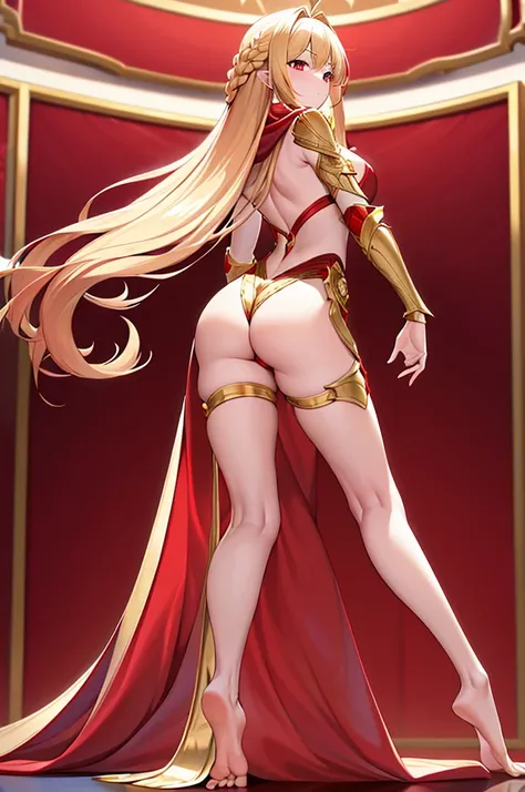 extremly detaled, dynamic kneel back pose, bare feet, detaled feet, ,goddess, gold detaled armor with red finish, long white hair, red cape and scarf, gold hair clip, gold heavy body cover armor with red finish, show big ass and pussy, orginal hairstyle wi...